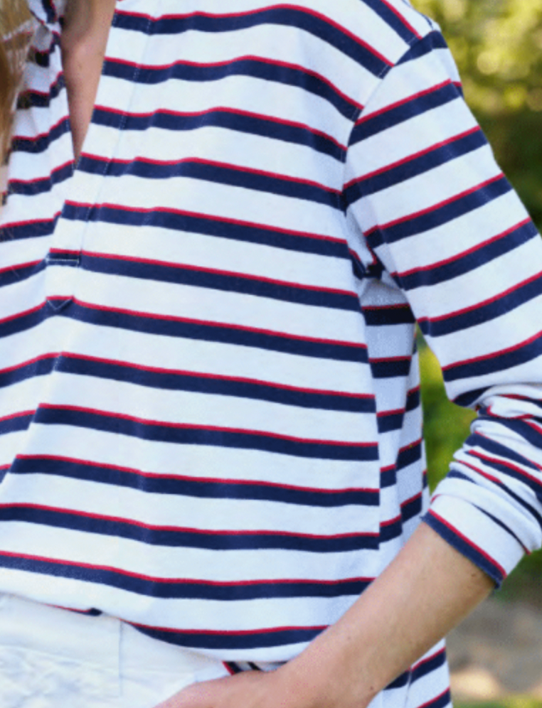Frank and Eileen Popover Henley Red, Navy, White Stripe