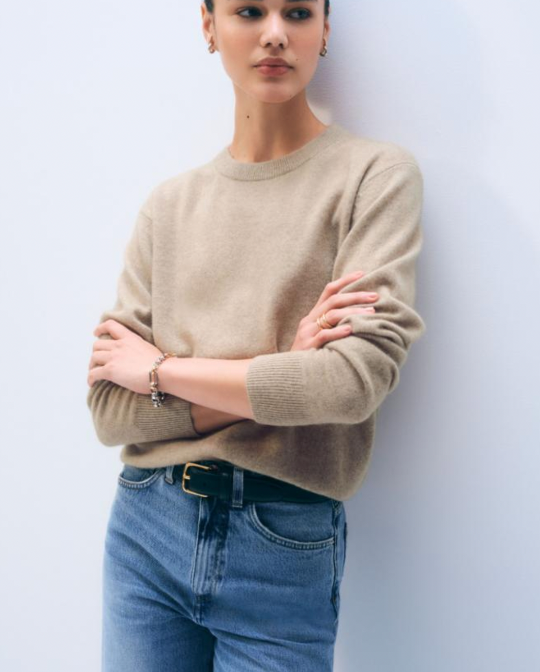 White and Warren Cashmere Crew Heather Taupe