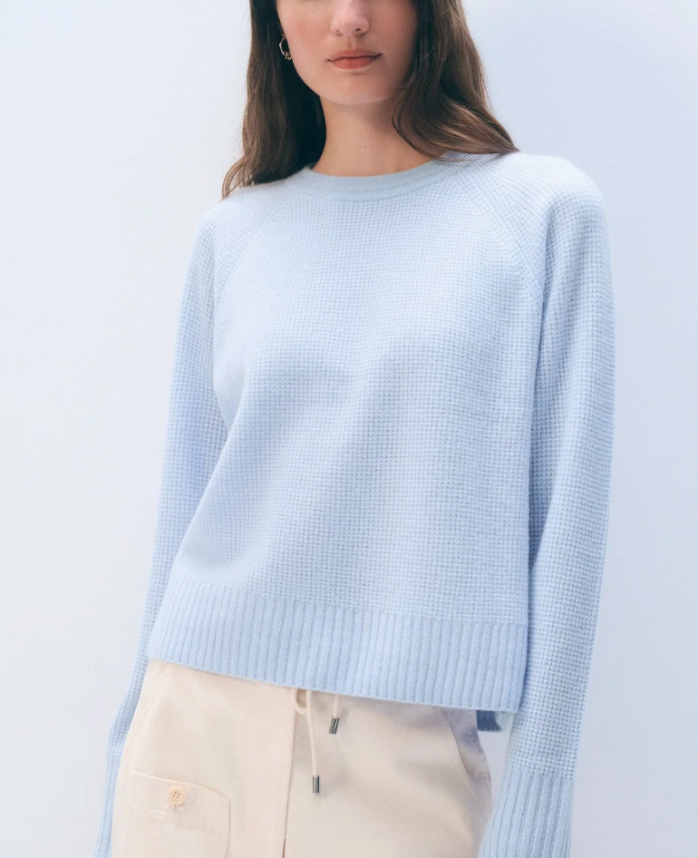 White and Warren Cashmere Waffle Sweater Blue Mist